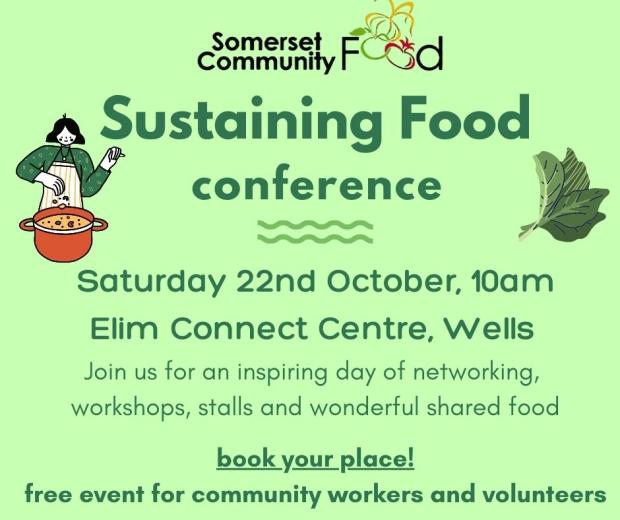 Food conference flier with event details and image of person cooklng soup and green leafy veg