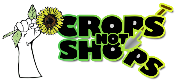 crops not shops logo - hand hold sunflower