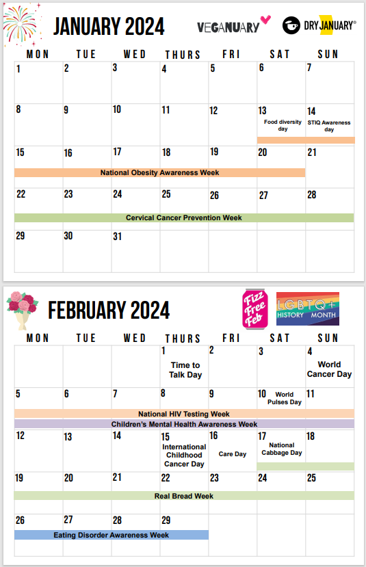 Food and wellbeing calendar for January and February