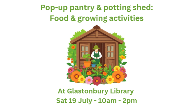 event flyer - garden shed with gardener surrounded by flowers