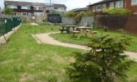 Garden site with picnic benches and gravel path