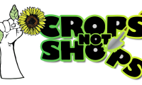 crops not shops logo - hand hold sunflower