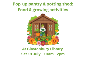 event flyer - garden shed with gardener surrounded by flowers